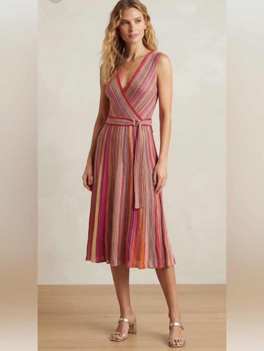 ⭐Missoni Striped V-Neck Sleeveless Dress in Pink, Red, Tan 4